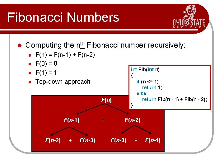 Fibonacci Numbers l Computing the nth Fibonacci number recursively: l l F(n) = F(n-1)