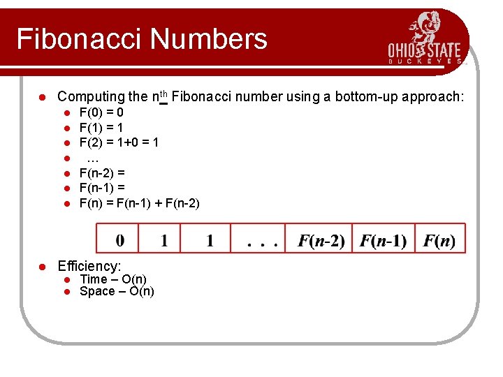 Fibonacci Numbers l Computing the nth Fibonacci number using a bottom-up approach: l l