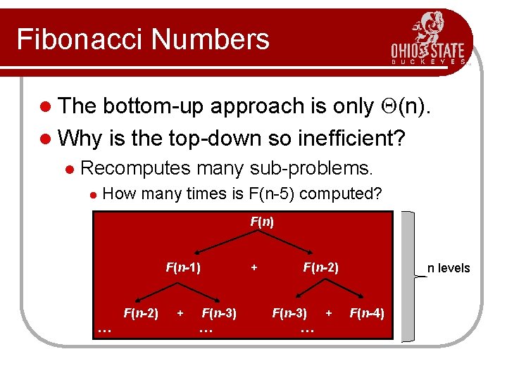 Fibonacci Numbers bottom-up approach is only (n). l Why is the top-down so inefficient?