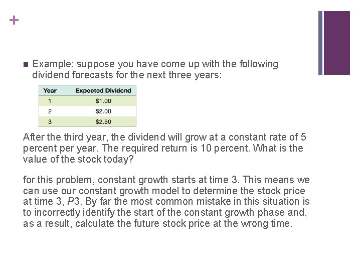 + n Example: suppose you have come up with the following dividend forecasts for