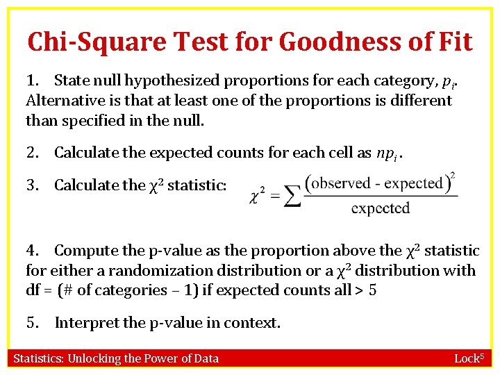 Chi-Square Test for Goodness of Fit 1. State null hypothesized proportions for each category,