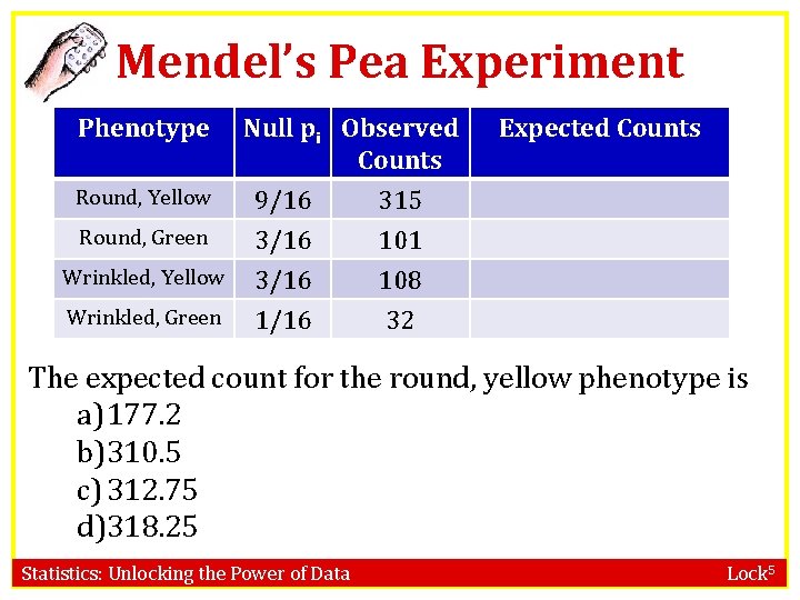 Mendel’s Pea Experiment Phenotype Round, Yellow Round, Green Wrinkled, Yellow Wrinkled, Green Null pi