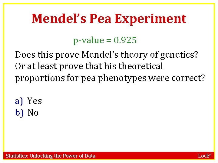Mendel’s Pea Experiment p-value = 0. 925 Does this prove Mendel’s theory of genetics?