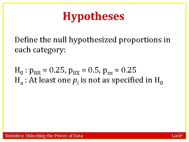 Hypotheses Define the null hypothesized proportions in each category: H 0 : p. RR