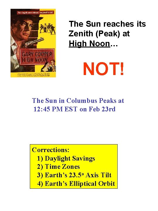 The Sun reaches its Zenith (Peak) at High Noon… NOT! The Sun in Columbus