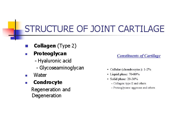 STRUCTURE OF JOINT CARTILAGE n n Collagen (Type 2) Proteoglycan - Hyaluronic acid -
