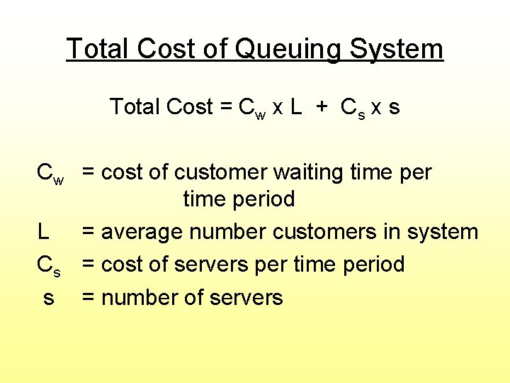 Total Cost of Queuing System Total Cost = Cw x L + Cs x