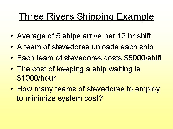 Three Rivers Shipping Example • • Average of 5 ships arrive per 12 hr