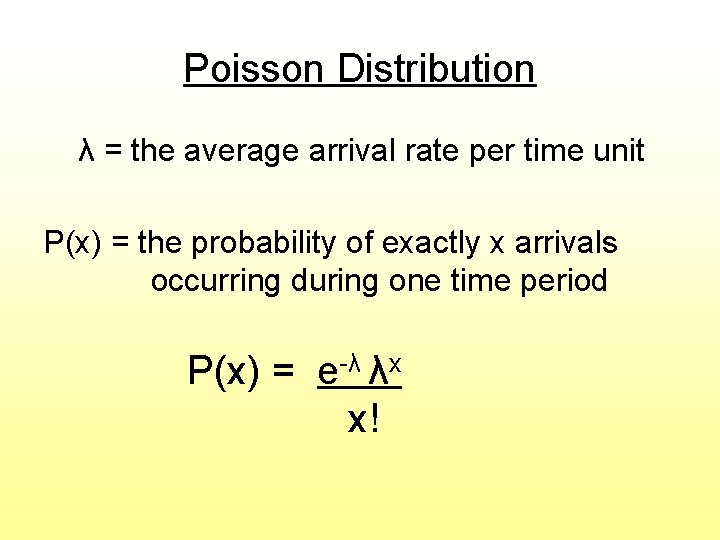 Poisson Distribution λ = the average arrival rate per time unit P(x) = the