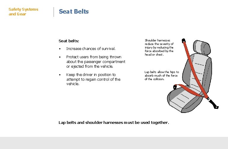 Safety Systems and Gear Seat Belts Protective Controls Seat belts: • Increase chances of