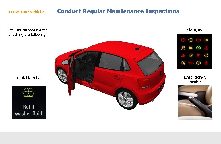Know Your Vehicle Conduct Regular Maintenance Inspections You are responsible for checking the following:
