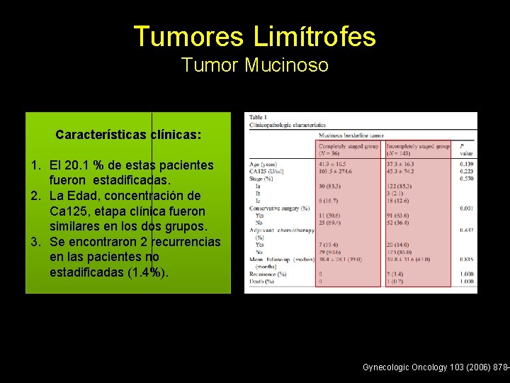 Tumores Limítrofes Tumor Mucinoso Características clínicas: 1. El 20. 1 % de estas pacientes