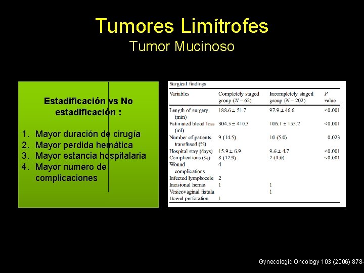Tumores Limítrofes Tumor Mucinoso Estadificación vs No estadificación : 1. 2. 3. 4. Mayor