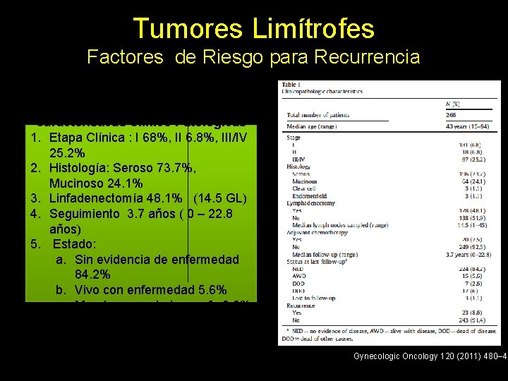 Tumores Limítrofes Factores de Riesgo para Recurrencia Características Clínico Patológicas 1. Etapa Clínica :