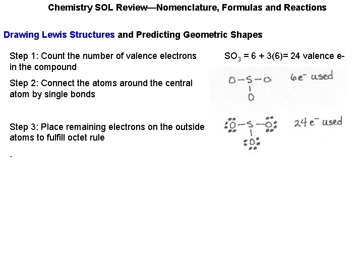 Chemistry SOL Review—Nomenclature, Formulas and Reactions Drawing Lewis Structures and Predicting Geometric Shapes Step