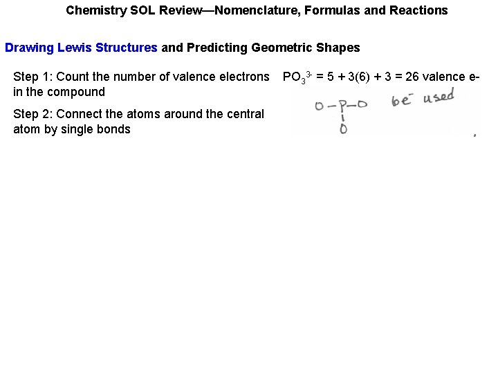 Chemistry SOL Review—Nomenclature, Formulas and Reactions Drawing Lewis Structures and Predicting Geometric Shapes Step Chemistry SOL Review—Nomenclature, Formulas and Reactions Drawing Lewis Structures and Predicting Geometric Shapes Step