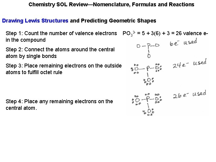 Chemistry SOL Review—Nomenclature, Formulas and Reactions Drawing Lewis Structures and Predicting Geometric Shapes Step Chemistry SOL Review—Nomenclature, Formulas and Reactions Drawing Lewis Structures and Predicting Geometric Shapes Step