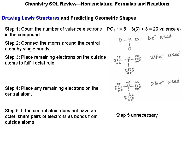Chemistry SOL Review—Nomenclature, Formulas and Reactions Drawing Lewis Structures and Predicting Geometric Shapes Step Chemistry SOL Review—Nomenclature, Formulas and Reactions Drawing Lewis Structures and Predicting Geometric Shapes Step