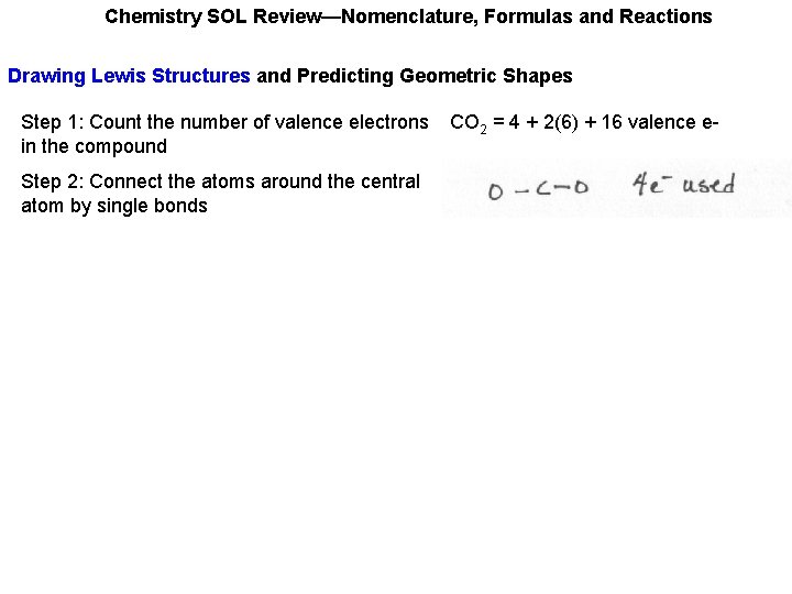 Chemistry SOL Review—Nomenclature, Formulas and Reactions Drawing Lewis Structures and Predicting Geometric Shapes Step