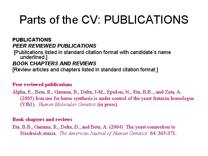 Parts of the CV: PUBLICATIONS PEER REVIEWED PUBLICATIONS [Publications listed in standard citation format