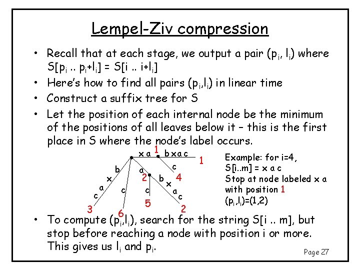 Lempel-Ziv compression • Recall that at each stage, we output a pair (pi, li) Lempel-Ziv compression • Recall that at each stage, we output a pair (pi, li)