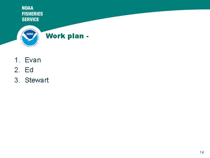 Work plan - 1. Evan 2. Ed 3. Stewart 14 