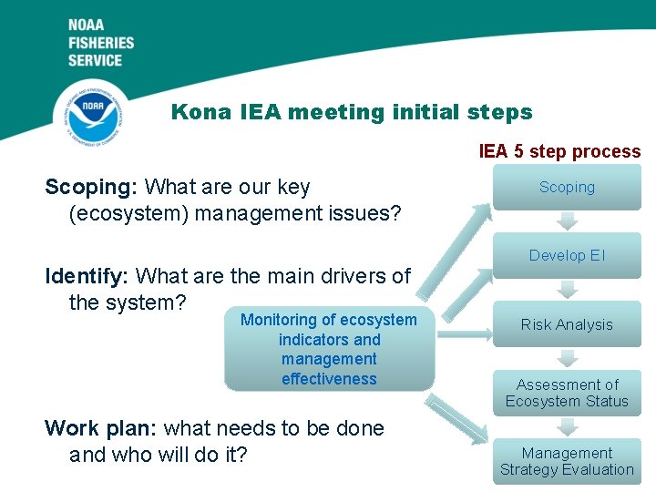 Kona IEA meeting initial steps IEA 5 step process Scoping: What are our key