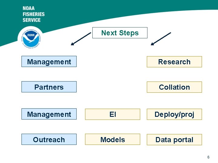 Next Steps Management Research Partners Collation Management EI Deploy/proj Outreach Models Data portal 6