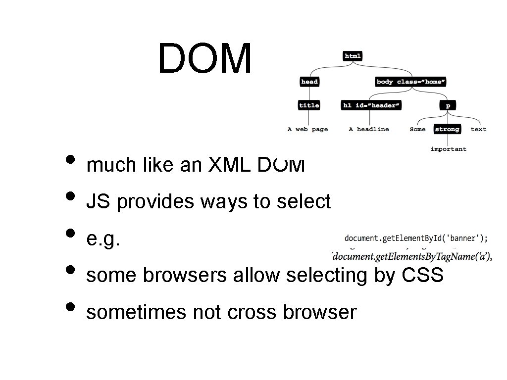 DOM . • much like an XML DOM • JS provides ways to select