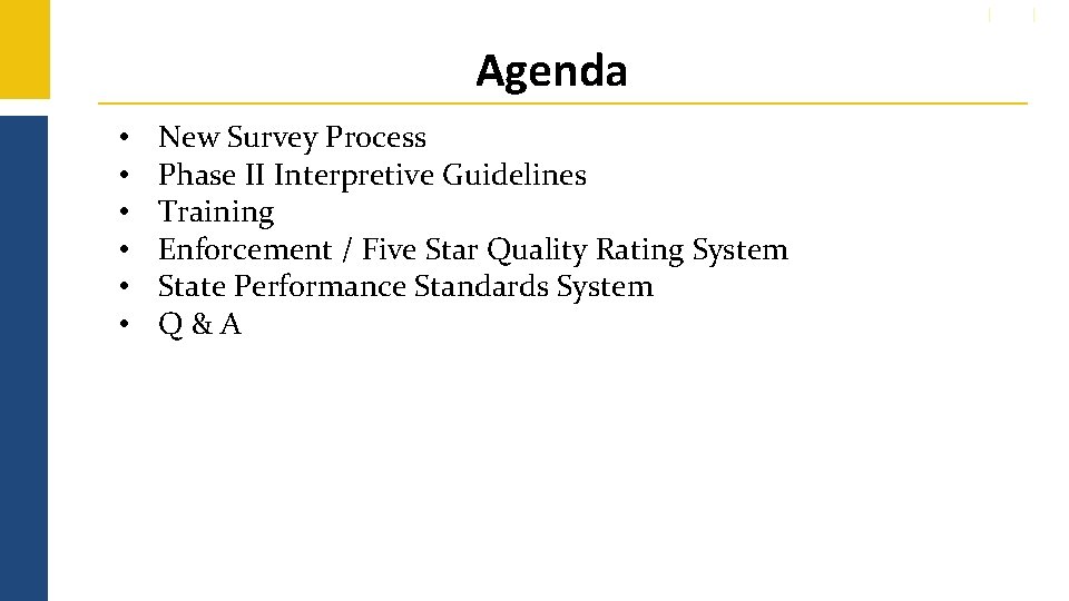 Agenda • • • New Survey Process Phase II Interpretive Guidelines Training Enforcement /