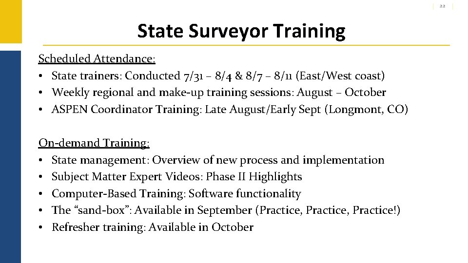 22 State Surveyor Training Scheduled Attendance: • State trainers: Conducted 7/31 – 8/4 &