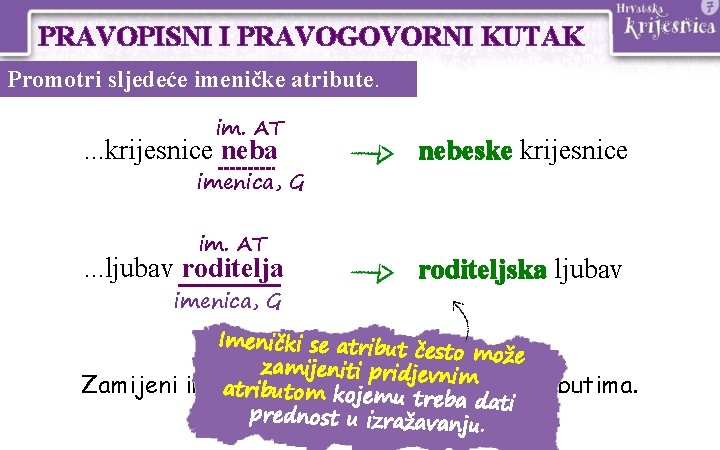 PRAVOPISNI I PRAVOGOVORNI KUTAK Promotri sljedeće imeničke atribute. im. AT . . . krijesnice