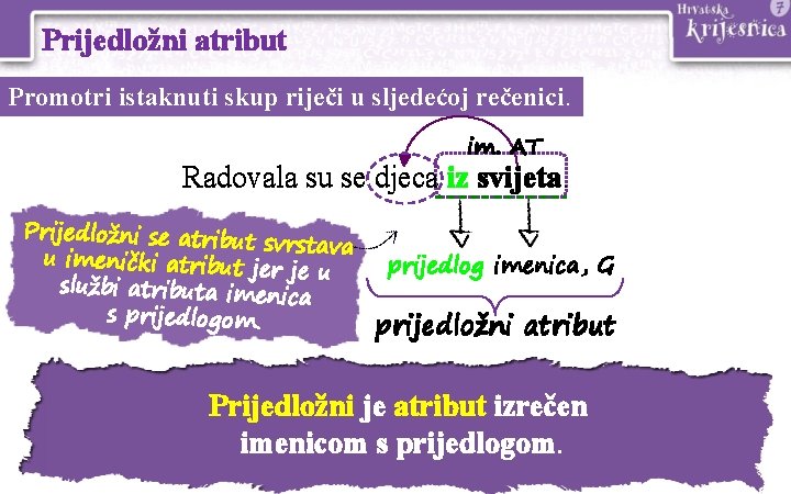 Prijedložni atribut Promotri istaknuti skup riječi u sljedećoj rečenici. im. AT Radovala su se