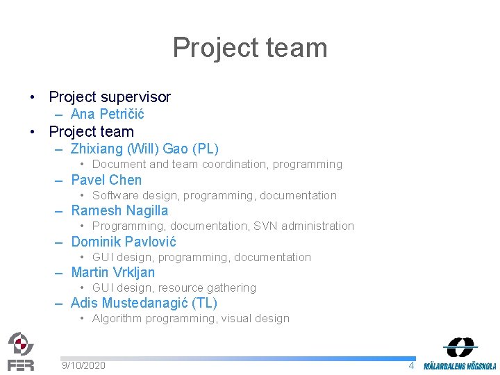 Project team • Project supervisor – Ana Petričić • Project team – Zhixiang (Will)