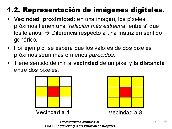1. 2. Representación de imágenes digitales. • Vecindad, proximidad: en una imagen, los píxeles