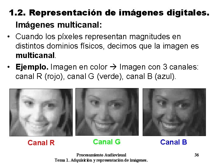 1. 2. Representación de imágenes digitales. Imágenes multicanal: • Cuando los píxeles representan magnitudes