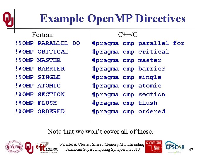 Example Open. MP Directives Fortran !$OMP !$OMP !$OMP C++/C PARALLEL DO CRITICAL MASTER BARRIER