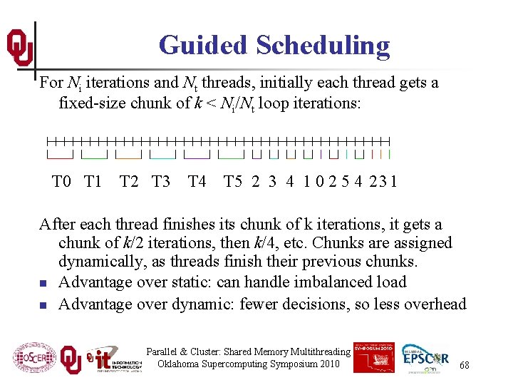 Guided Scheduling For Ni iterations and Nt threads, initially each thread gets a fixed-size