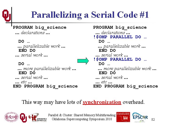Parallelizing a Serial Code #1 PROGRAM big_science … declarations … DO … … parallelizable