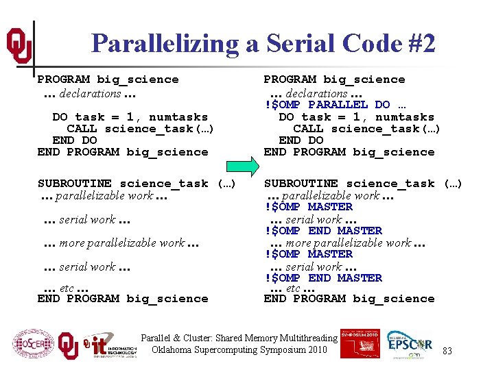 Parallelizing a Serial Code #2 PROGRAM big_science … declarations … DO task = 1,
