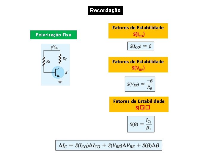 Recordação Polarização Fixa Fatores de Estabilidade S(ICO) Fatores de Estabilidade S(VBE) Fatores de Estabilidade Recordação Polarização Fixa Fatores de Estabilidade S(ICO) Fatores de Estabilidade S(VBE) Fatores de Estabilidade