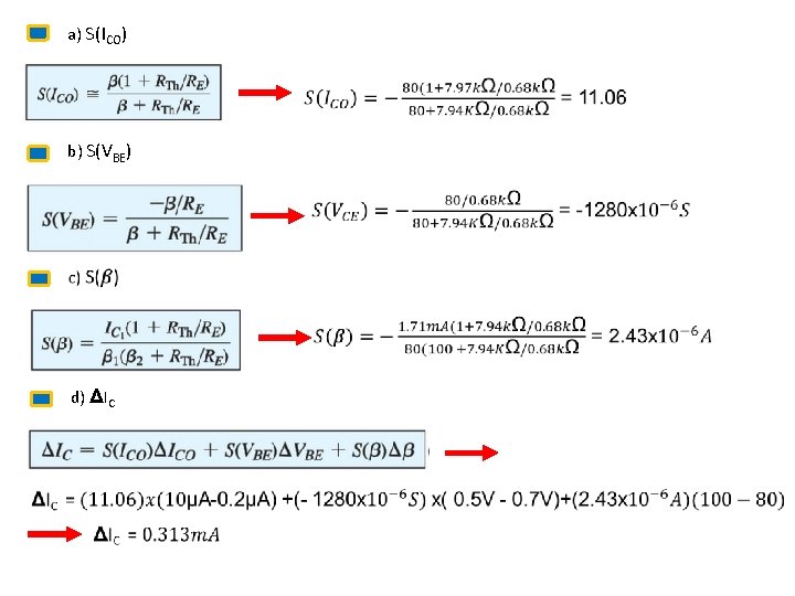 a) S(ICO) b) S(VBE) d) ΔIC a) S(ICO) b) S(VBE) d) ΔIC