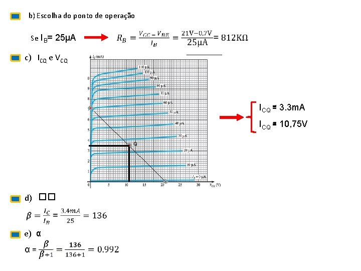 b) Escolha do ponto de operação Se IB= 25μA c) ICQ e VCQ ICQ b) Escolha do ponto de operação Se IB= 25μA c) ICQ e VCQ ICQ