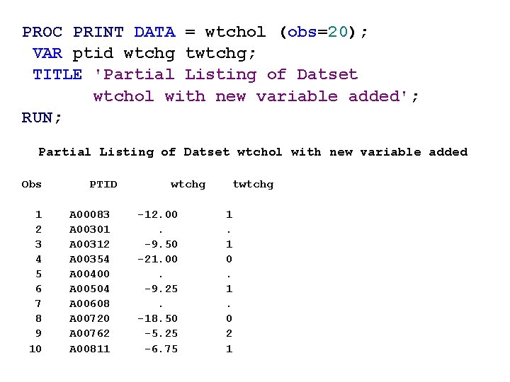 PROC PRINT DATA = wtchol (obs=20); VAR ptid wtchg twtchg; TITLE 'Partial Listing of PROC PRINT DATA = wtchol (obs=20); VAR ptid wtchg twtchg; TITLE 'Partial Listing of