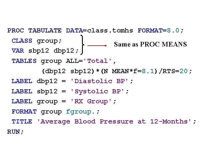 PROC TABULATE DATA=class. tomhs FORMAT=8. 0; CLASS group; Same as PROC MEANS VAR sbp PROC TABULATE DATA=class. tomhs FORMAT=8. 0; CLASS group; Same as PROC MEANS VAR sbp