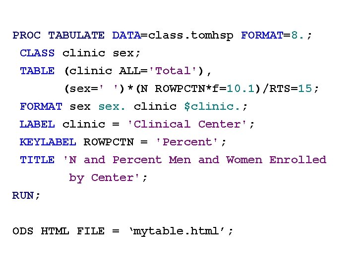 PROC TABULATE DATA=class. tomhsp FORMAT=8. ; CLASS clinic sex; TABLE (clinic ALL='Total'), (sex=' ')*(N PROC TABULATE DATA=class. tomhsp FORMAT=8. ; CLASS clinic sex; TABLE (clinic ALL='Total'), (sex=' ')*(N