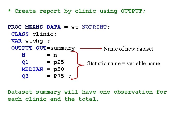 * Create report by clinic using OUTPUT; PROC MEANS DATA = wt NOPRINT; CLASS * Create report by clinic using OUTPUT; PROC MEANS DATA = wt NOPRINT; CLASS