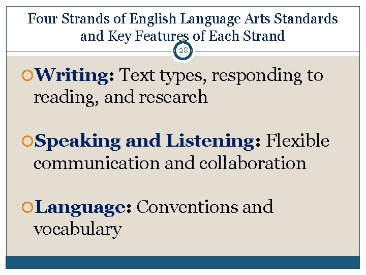 Four Strands of English Language Arts Standards and Key Features of Each Strand 28