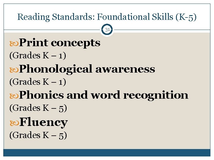 Reading Standards: Foundational Skills (K-5) 31 Print concepts (Grades K – 1) Phonological awareness