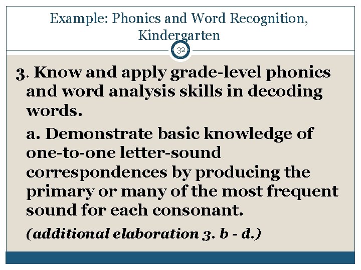 Example: Phonics and Word Recognition, Kindergarten 32 3. Know and apply grade-level phonics and